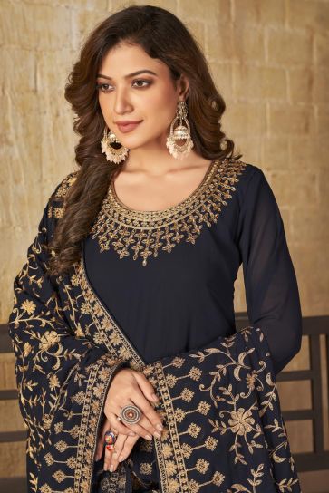 Navy Blue Color Embroidered Work On Brilliant Anarkali Suit In Georgette Fabric