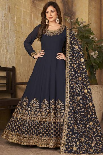 Navy Blue Color Embroidered Work On Brilliant Anarkali Suit In Georgette Fabric