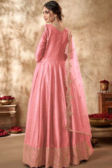 Tempting Art Silk Fabric Peach Color Anarkali Suit With Embroidered Work