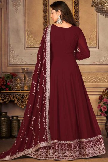 Stunning Maroon Color Georgette Fabric Embroidered Anarkali Suit