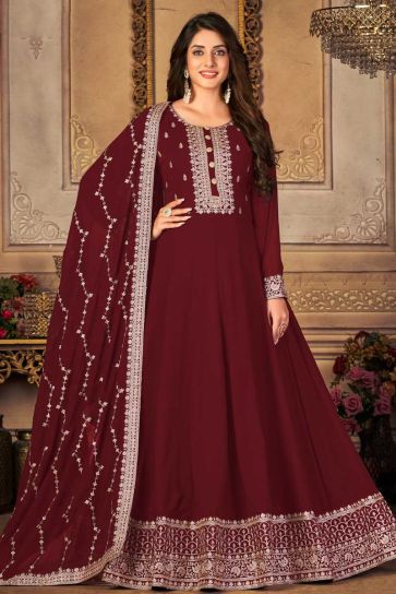 Stunning Maroon Color Georgette Fabric Embroidered Anarkali Suit