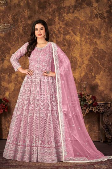 Net Fabric Pink Color Function Wear Winsome Anarkali Suit