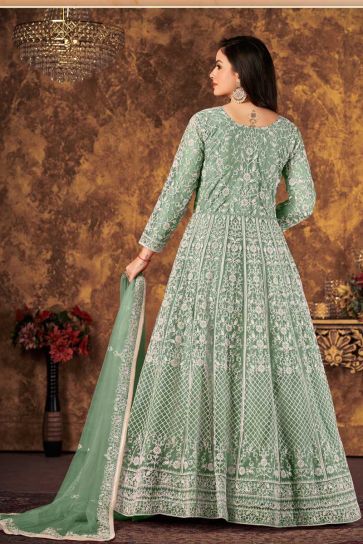 Creative Function Wear Net Fabric Anarkali Suit In Sea Green Color