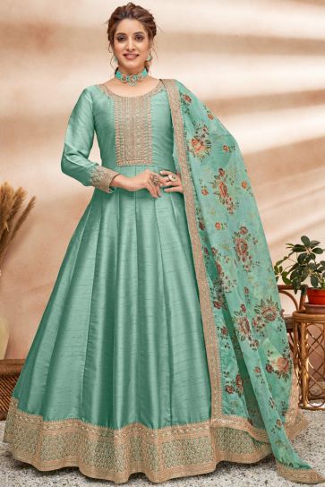 Art Silk Fabric Sea Green Color Excellent Sangeet Wear Anarkali Suit