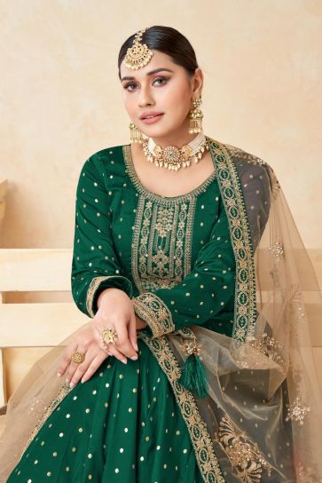 Fancy Fabric Engrossing Function Look Anarkali Suit In Green Color