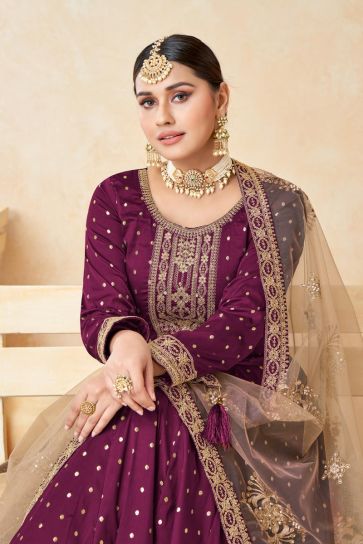 Fancy Fabric Superior Function Look Anarkali Suit In Purple Color