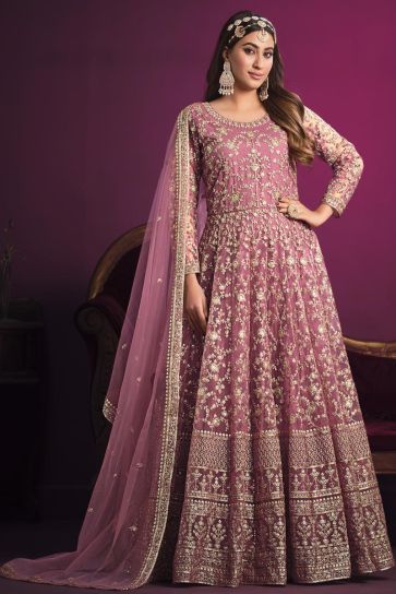 Tempting Net Fabric Pink Color Embroidered Anarkali Suit 