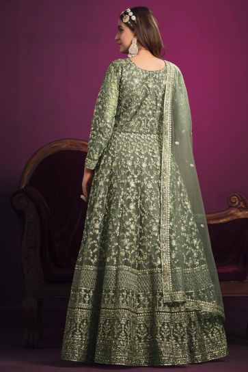 Engaging Green Color Net Fabric Embroidered Anarkali Suit 