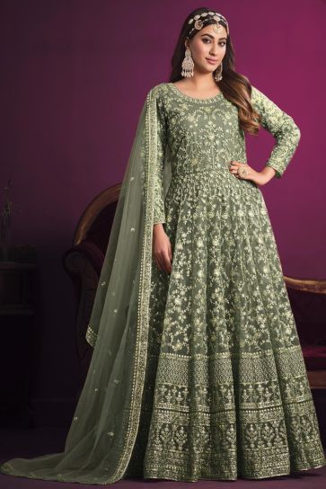Engaging Green Color Net Fabric Embroidered Anarkali Suit 