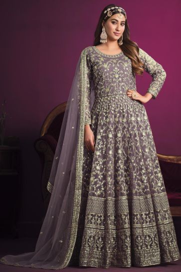Classic Lavender Color Embroidered Anarkali Suit In Net Fabric