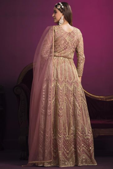 Sangeet Wear Lovely Net Anarkali Suit In Pink Color