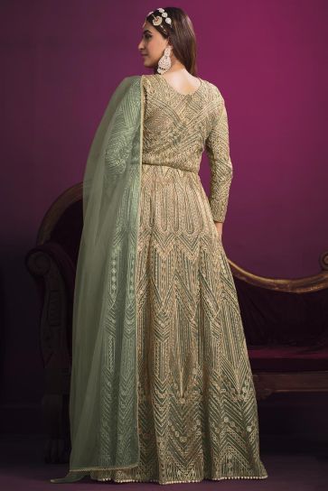 Sangeet Wear Sea Green Color Fabulous Net Anarkali Suit