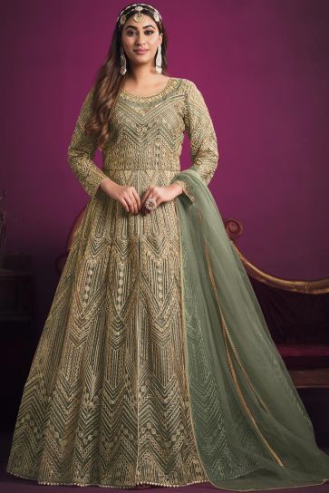 Sangeet Wear Sea Green Color Fabulous Net Anarkali Suit
