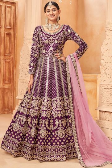 Glamorous Purple Color Art Silk Anarkali Suit
