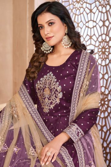 Embroidered Sangeet Wear Anarkali Salwar Kameez In Fancy Fabric Purple Color