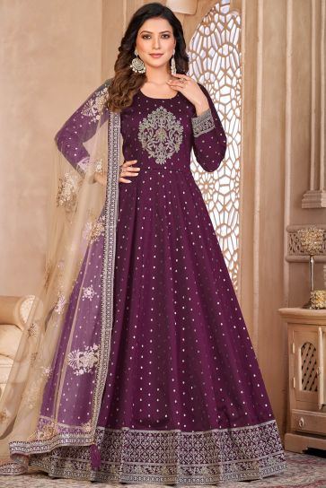 Embroidered Sangeet Wear Anarkali Salwar Kameez In Fancy Fabric Purple Color