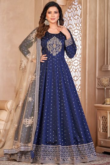 Navy Blue Color Wedding Wear Embroidered Anarkali Salwar Suit In Fancy Fabric