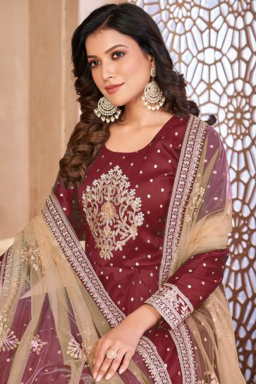 Reception Wear Embroidered Fancy Fabric Anarkali Salwar Kameez In Maroon Color
