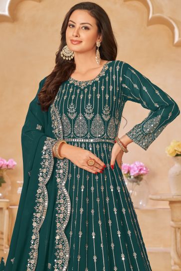 Teal Color Embroidered Long Anarkali Suit In Georgette Fabric