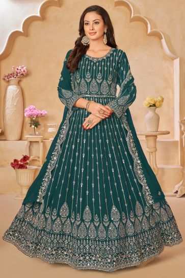 Teal Color Embroidered Long Anarkali Suit In Georgette Fabric