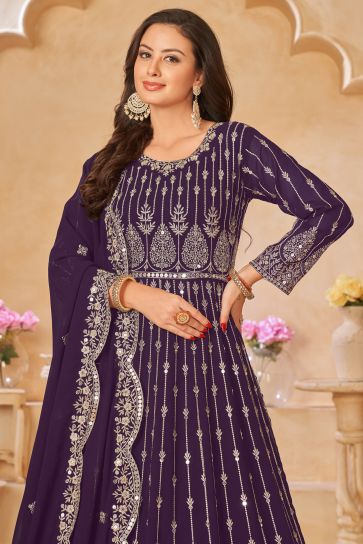 Embroidered Georgette Fabric Purple Color Long Anarkali Salwar Kameez