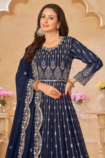 Blue Color Embroidered Long Anarkali Salwar Suit In Georgette Fabric