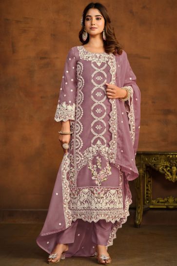 Embroidered Lavender Color Festive Wear Designer Salwar Suit In Organza Fabric