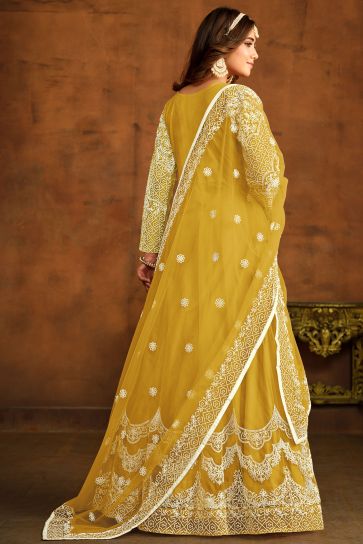 Yellow Color Festive Wear Embroidered Anarkali Salwar Kameez In Net Fabric
