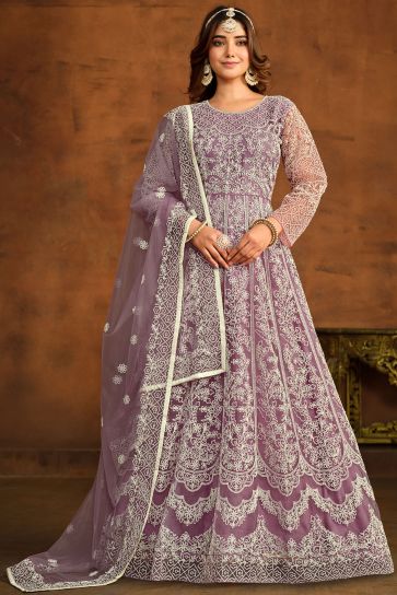 Festive Wear Embroidered Net Fabric Anarkali Salwar Suit In Lavender Color