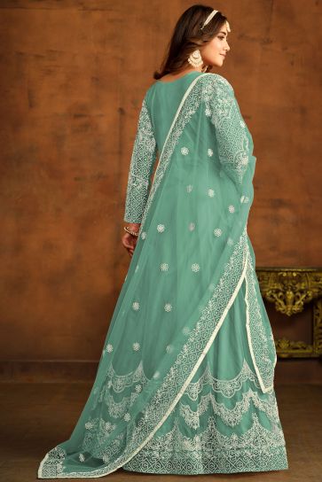 Net Fabric Fancy Embroidered Festive Wear Anarkali Salwar Kameez In Sea Green Color