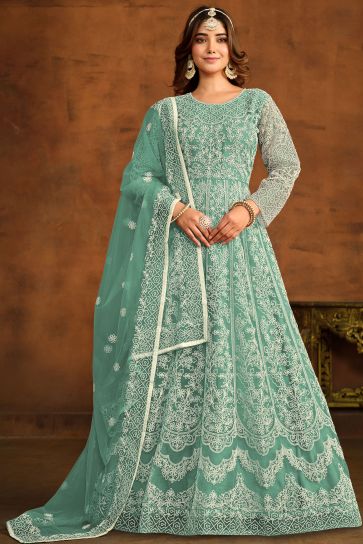 Net Fabric Fancy Embroidered Festive Wear Anarkali Salwar Kameez In Sea Green Color
