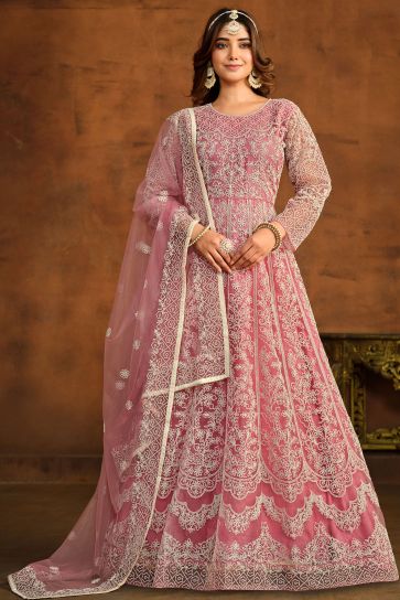 Pink Color Festive Wear Embroidered Anarkali Salwar Suit In Net Fabric