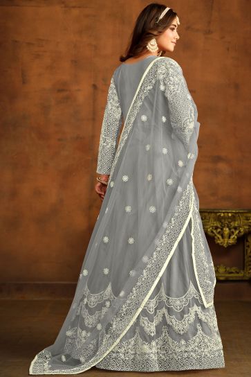 Festive Wear Grey Color Embroidered Anarkali Suit In Net Fabric