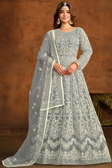 Festive Wear Grey Color Embroidered Anarkali Suit In Net Fabric