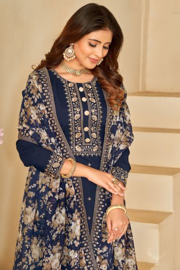 Navy Blue Color Festive Wear Embroidered Straight Cut Salwar Kameez In Art Silk Fabric