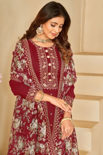 Festive Wear Embroidered Art Silk Fabric Straight Cut Salwar Suit In Red Color