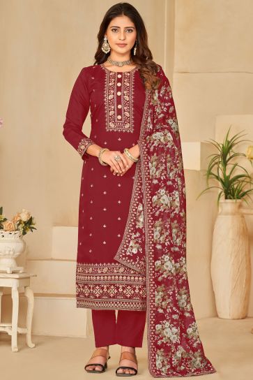 Festive Wear Embroidered Art Silk Fabric Straight Cut Salwar Suit In Red Color