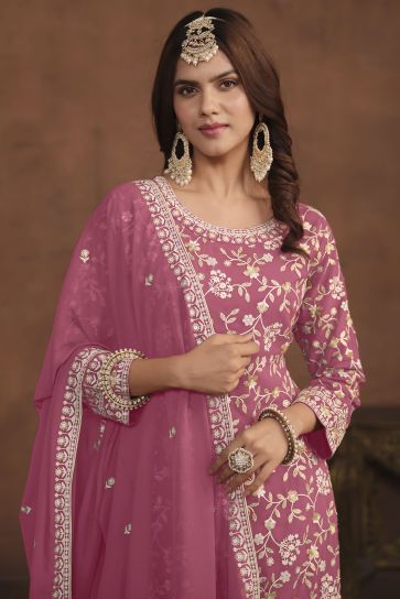 Embroidered Pink Color Function Wear Beautiful Georgette Palazzo Suit