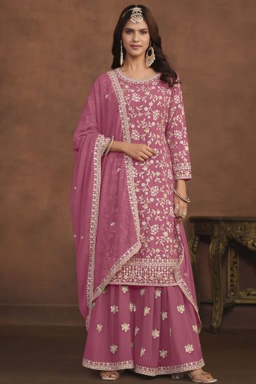 Embroidered Pink Color Function Wear Beautiful Georgette Palazzo Suit