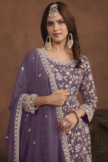 Function Wear Purple Attractive Embroidery Work Palazzo Dress In Georgette Fabric