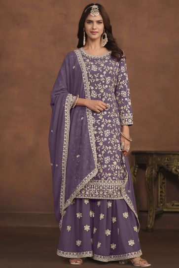 Function Wear Purple Attractive Embroidery Work Palazzo Dress In Georgette Fabric