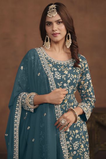 Georgette Fabric Embroidered Function Wear Palazzo Salwar Kameez In Teal Color
