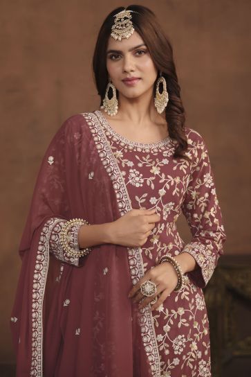 Brown Color Function Wear Embroidery Work Palazzo Salwar Suit In Georgette Fabric
