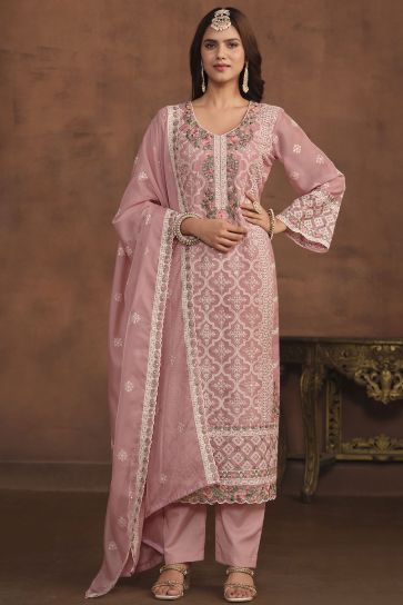 Pink Color Organza Fabric Beautiful Festive Wear Embroidered Salwar Suit