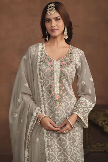 Organza Fabric Glamorous Festive Wear Embroidered Work Salwar Suit In Grey Color