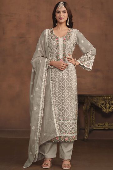 Organza Fabric Glamorous Festive Wear Embroidered Work Salwar Suit In Grey Color