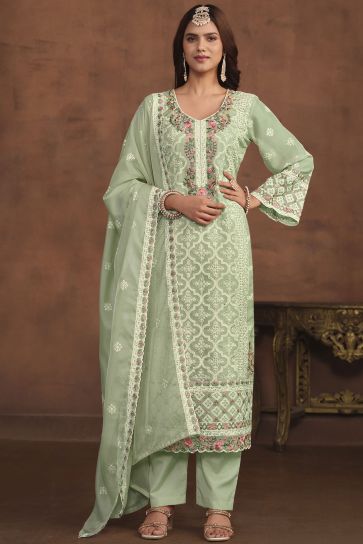 Sea Green Color Embroidered Organza Fabric Glorious Festive Wear Salwar Suit