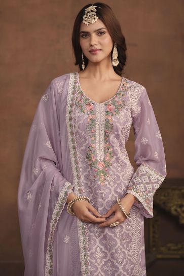 Festive Wear Lavender Color Organza Fabric Salwar Suit With Embroidered Work