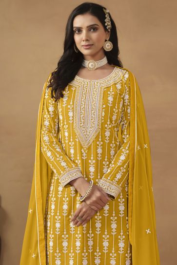 Radiant Yellow Color Georgette Embroidered Palazzo Suit In Sangeet Wear
