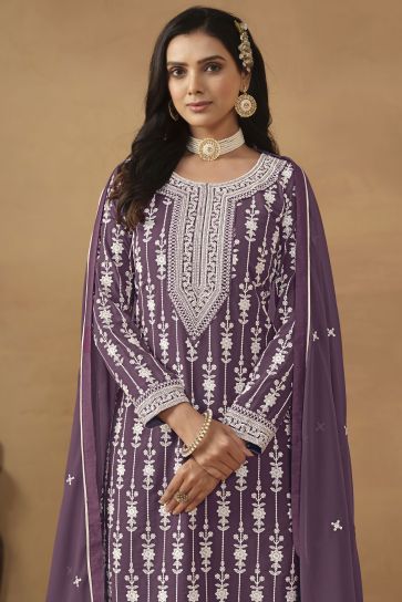 Georgette Fabric Purple Color Excellent Sangeet Wear Embroidered Palazzo Suit